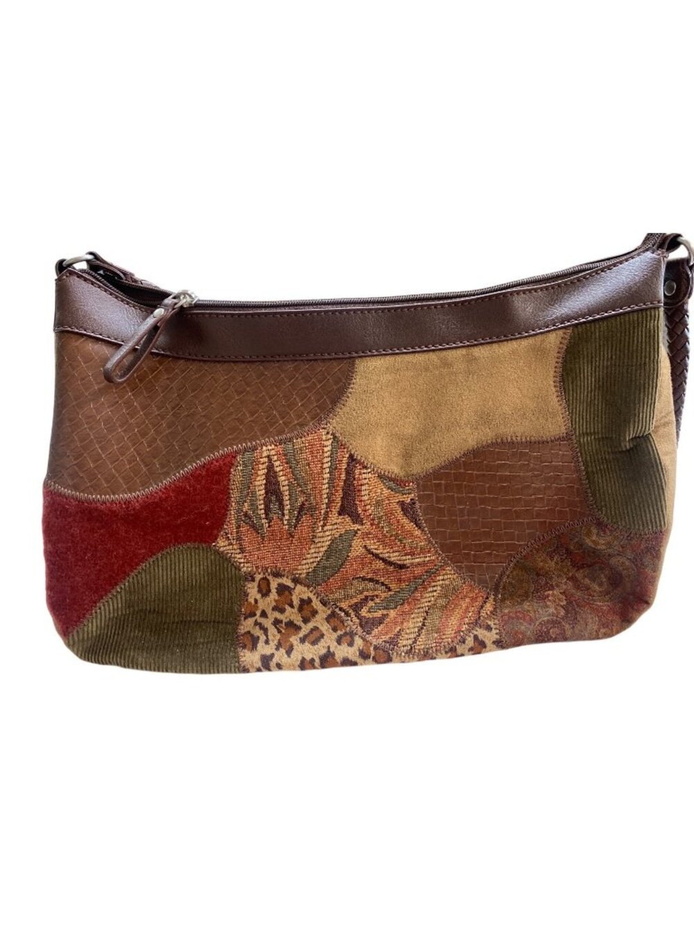 Studio Works Brown Faux Suede & Patchwork Shoulder Bag With Zipper Closure